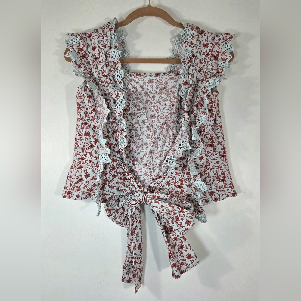 ANTHROPOLOGIE BLUE TASSEL TRINA BACK BOW FLORAL BLOUSE. - Picture 4 of 6